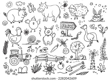 Vector doodles, hand drawn sketch with cow, pig, duck, sheep, tools and other things from the farm