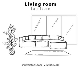 Vector doodles with hand-drawn interior items. Cozy living room with sofa, wardrobe, painting and plants with panoramic window. Vector illustration.