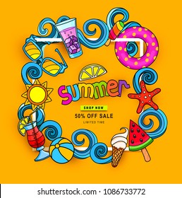 Vector doodles hand-drawn on a summer theme. Ice-cream, waves, umbrella, slates,cocktail, starfish, ball,coconut, sunglasses. Abstract elements for design advertising, discount, promotion, sale
