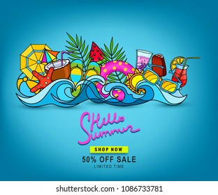 Vector doodles hand-drawn on a summer theme. Ice-cream, waves, umbrella, slates,cocktail, starfish, ball,coconut, sunglasses. Abstract elements for design advertising, discount, promotion, sale