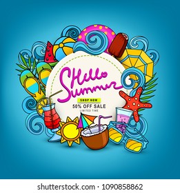 Doodles vectoriales dibujados a mano sobre un tema de verano. Helado, olas, paraguas, lonchas, cóctel, pez estrella, bola, coco, gafas de sol. Elementos abstractos de la publicidad de diseño, el descuento, la promoción, la venta