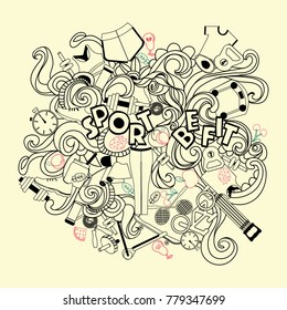 Vector Doodles hand-drawn-sketchy symbols and objects of sport and healthy life set. Healthy food, sport and fitness themes illustration. 