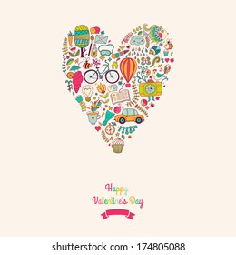 Vector doodles heart, valentine's day card. Kids, travel, enjoy life concept. Greeting card. Various travel vacation icons arranged in heart shape, childish layout. Romantic backdrop,  sweet design.