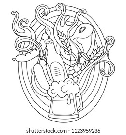 Vector doodles illustration with beer mug, meat food and beer splashes. Pattern for coloring book or design print. Possibility to easily change colors.