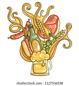 Vector doodles illustration with beer mug, meat food and beer splashes. Colorful October fest pattern with snacks for print and design.