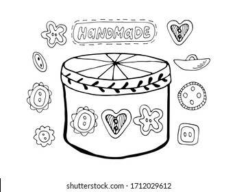 Vector doodles illustration for sewing or needlework design, banner, cards. Cloth buttons set and handmade box.