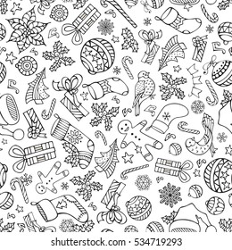 Vector doodles Merry Christmas seamless pattern. Christmas tree baubles, poinsettia, sweets, candy cane, Santa socks, gifts, stars, music notes and snowflakes, mistletoe, gingerbread man, bells, birds