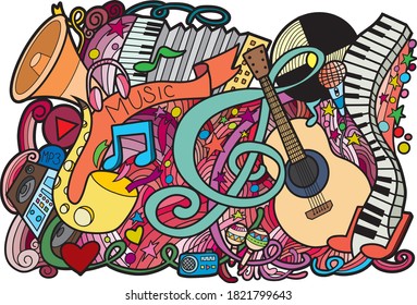 vector doodles Music illustration. Colorful, detailed, with lots of objects background. All objects separate. Bright colors musical funny round picture
