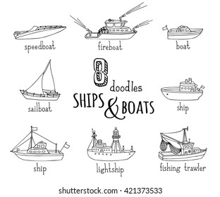 Vector Doodles Nautical Vessel Icons Set. Lightship, Fireboat, Fishing Trawler, Speedboat, Sailboat And Motorboat. Black Ship And Boat Contours Isolated On White Background.