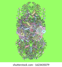 Vector. Doodles neutral, blue and green on colors. Seamless pattern Print. Fashionable fabric pattern.