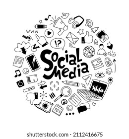 Doodles vectoriales sobre el tema de las redes sociales. Ilustraciones lineales con inscripción en medios sociales