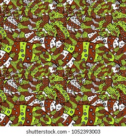 Vector. Doodles pattern. Brown, black and green on colors. Tender fabric pattern. Seamless Abstract interesting background.