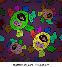 Vector. Doodles pattern. Green, purple and black on colors. Seamless Abstract interesting background. Modern fabric pattern.