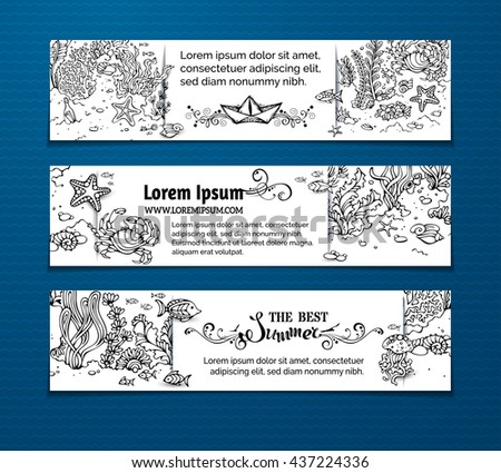 Vector doodles sea life horizontal banners. Contours of fish, starfish, crab, shell, jellyfish, seaweed, bottle with a letter and key on the bottom. There is place for your text on white paper.
