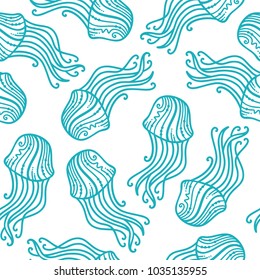 Vector doodles seamless jellyfish pattern. Outlined blue jellyfish swim on white background. Boundless background can be used for web page backgrounds, wallpapers, wrapping papers and invitations.