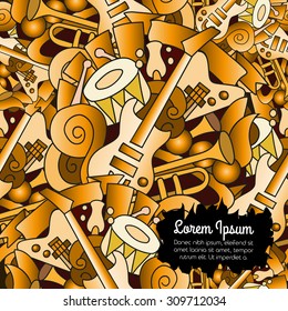 Vector doodles seamless pattern with hand drawn musical instruments in brown tones. Background template for web design, wallpaper, covers, booklets.