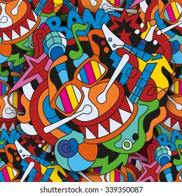 Vector doodles seamless pattern with hand drawn musical instruments in pop-art style. Background template for web design, wallpaper, covers, booklets.