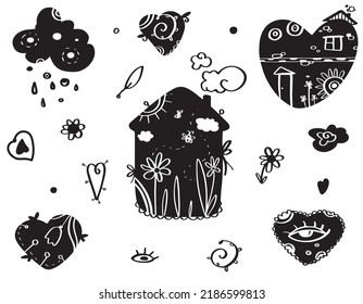 Vector doodles set - black boho house and hearts on white. 