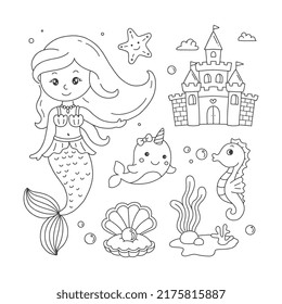 Vector doodles set of mermaid, unicorn whale, castle, shell, and sea plantsfor kids coloring book