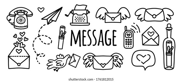 Vector doodles set message, letter, typewriter, paper airplane, phone, mobile phone, letter with wings, a bottle with a letter. Naor doodle stickers to illustrate communication of people on the