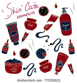 Vector doodles set of skin care make up , dark red on white background
