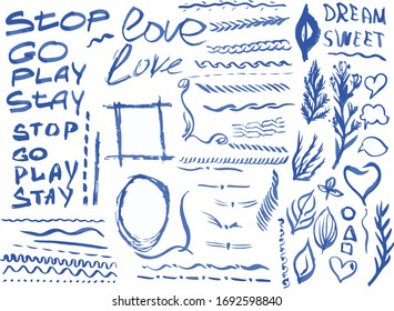 Vector doodles set. Sybbols and Signs. Grunge Style. Lines, Curls, dotted line, underline. Stop, Go, Stay, Play, Love, Dream, Sweet Words.