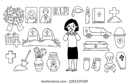 Vector doodles symbols death   funeral  unhappy woman  grave  cross  cemetery  portraits deceased  lampada  coffin   hearse  skull   crossbones   ashes  wreath  Isolated outline drawings