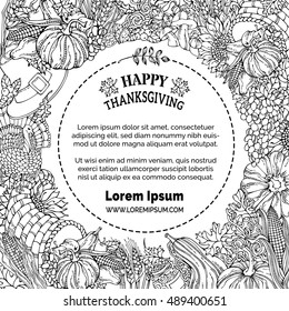 Vector doodles Thanksgiving background. Turkey, cornucopia, pilgrim's hat, pumpkin, corn, wheat, grape, sunflower, autumn leaves and others. Colouring book template. Traditional harvest symbols.