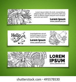 Vector doodles Thanksgiving horizontal banners set. Pumpkin, turkey, pilgrim's hat, wheat, corn, sunflower, grape, apple and pear, autumn leaves. Traditional black and white harvest autumn symbols.