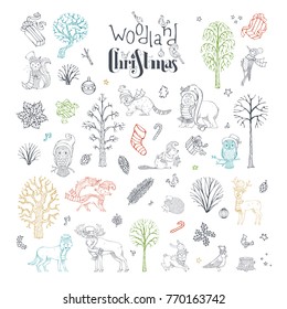 Vector doodles woodland Christmas set. Hand-drawn winter trees. Forest animals in Santa hat and scarf. Moose, bear, fox, wolf, deer, owl, hare, squirrel, raccoon, hedgehog, birds and Christmas baubles