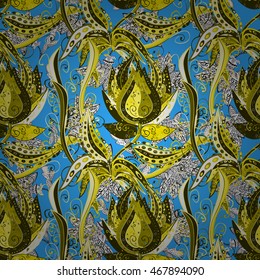 Vector doodles yellow flowers on blue background.