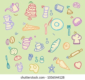 Vector doodling line illustration collection of bakery cafe theme 