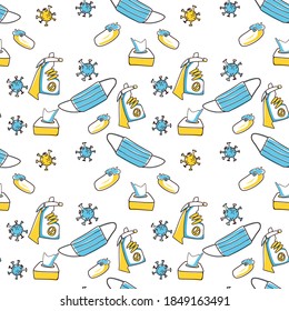 Vector doodling pattern of disinfectants - mask, sanitizer, wipes