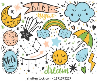 Vector dooodle sketch kids set. Hand dreawn style. Baby wreath cloud,moon,sun,rainbow,cloud. Babyshower illustration