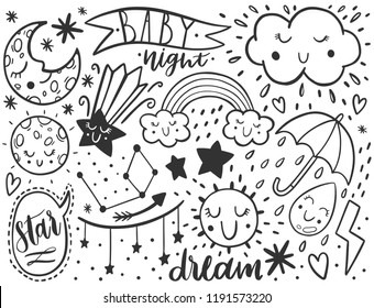 Vector dooodle sketch kids set. Hand dreawn style. Baby wreath cloud,moon,sun,rainbow,cloud. Babyshower illustration