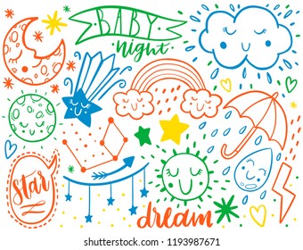 Vector dooodle sketch kids set. Hand dreawn style. Baby wreath cloud,moon,sun,rainbow,cloud. Babyshower illustration