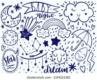 Vector dooodle sketch kids set. Hand dreawn style. Baby wreath cloud,moon,sun,rainbow,cloud. Babyshower illustration