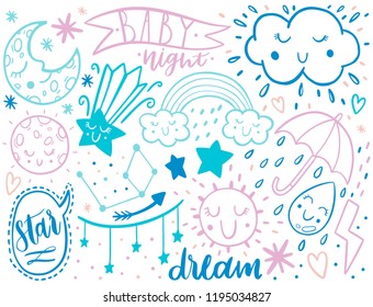 Vector dooodle sketch kids set. Hand dreawn style. Baby wreath cloud,moon,sun,rainbow,cloud. Babyshower illustration