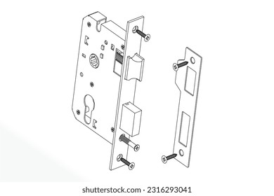 A vector of a door lock mortise latch structure on a white background
