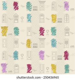 Vector doors and bricks. Cute doors of home, apartment and others buildings.Sweet hand drawing illustration. Pink, yellow, green, red, blue.