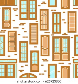 Vector doors design seamless pattern. Modern and classic flat enterance collection. Interior doorway illustration. Elegant wood passage construction. Black and white style isolated