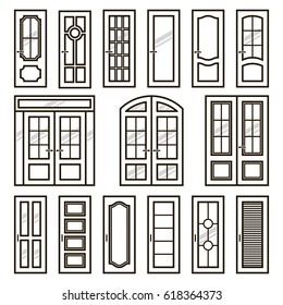 Vector doors design set. Modern and classic flat enterance collection. Interior doorway illustration. Elegant wood passage construction. Black and white style isolated.