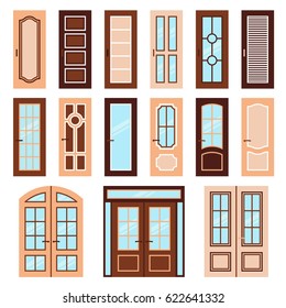 Vector doors design set. Modern and classic flat enterance collection. Interior doorway illustration. Elegant wood passage construction. Colorful style isolated.