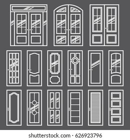 Vector doors design set. Modern and classic flat enterance collection. Interior doorway illustration. Elegant wood passage construction. Black and white style isolated