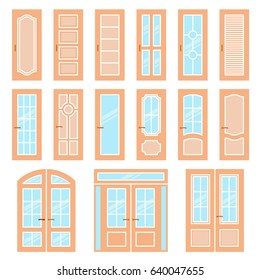 Vector doors design set. Modern and classic flat enterance collection. Interior doorway illustration. Elegant wood passage construction. Wooden colorful style isolated