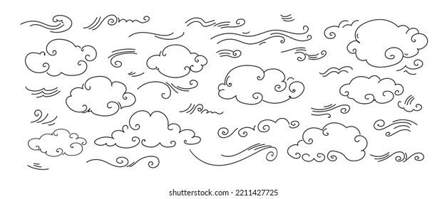 Vector doosle set of doodle wind, weather, environment. Illustration hand drawn style isolated on white background