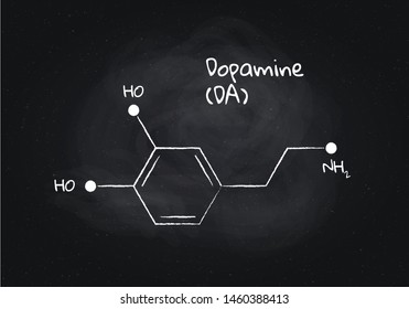 Vector dopamine structure banner illustration. Hormone associated with brain disease, addiction, cognitive. White chalk lines isolated on black board background. Design element for pharmacy, education
