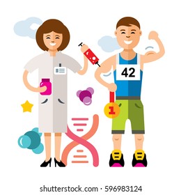 Vector Dopaje y concepto deportivo. Ilustración de dibujos animados coloridos de estilo plano.