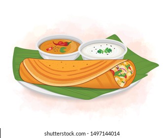 Vector- Dosa Illustration with sambar and coconut chutney