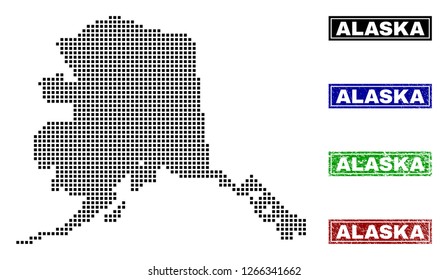 Vector dot abstract Alaska map and isolated clean black, grunge red, blue, green stamp seals. Alaska map tag inside rough framed rectangles and with grunge rubber texture.